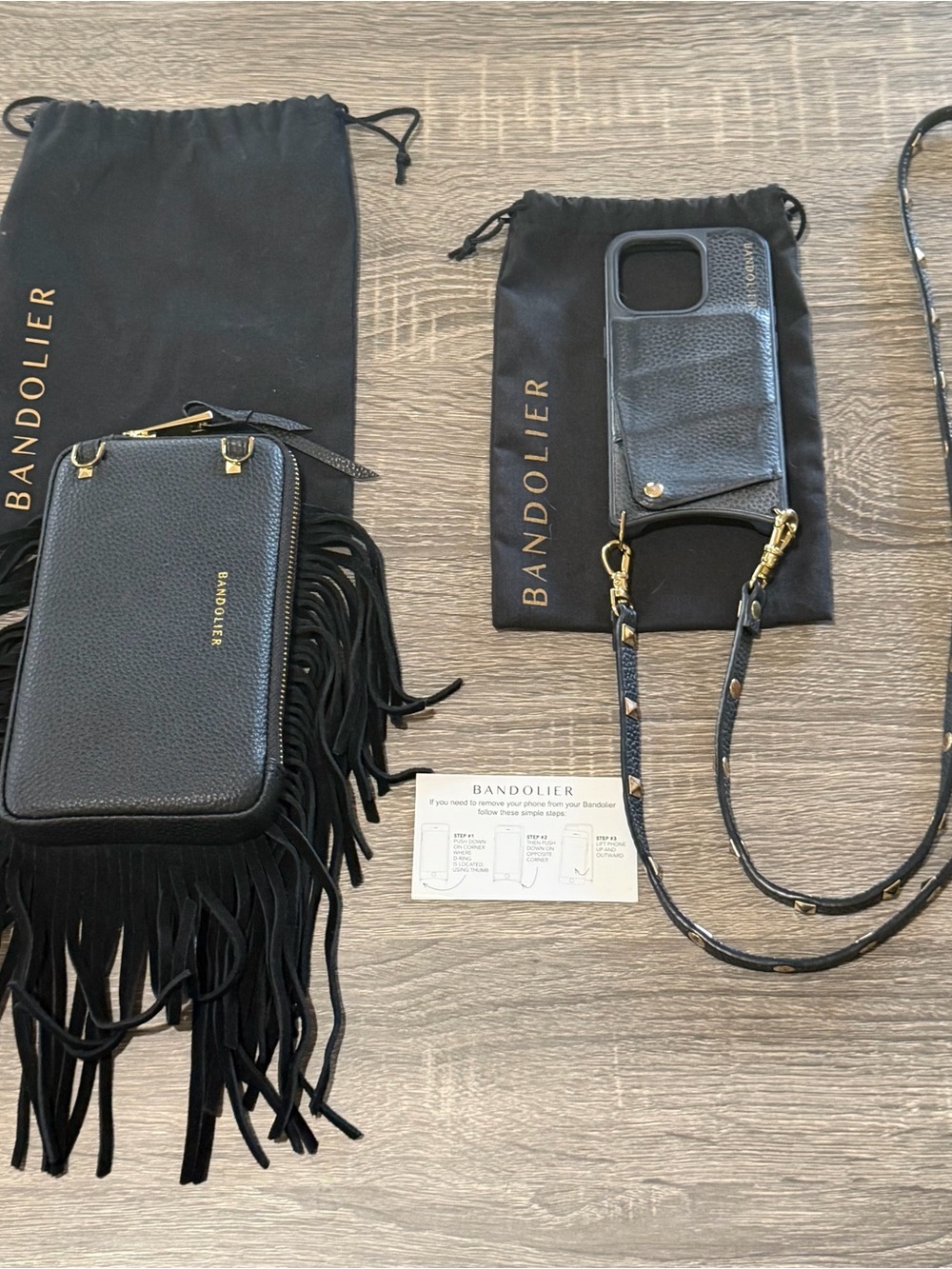 Bandolier Blk Leather Fringe Pouch and iPhone 14 Pro Case with removable strap